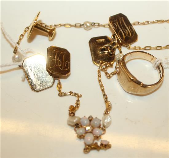 9ct gold, diamond & opal necklet, pair 9ct cufflinks, 9ct signet ring, 18ct stud & a stickpin